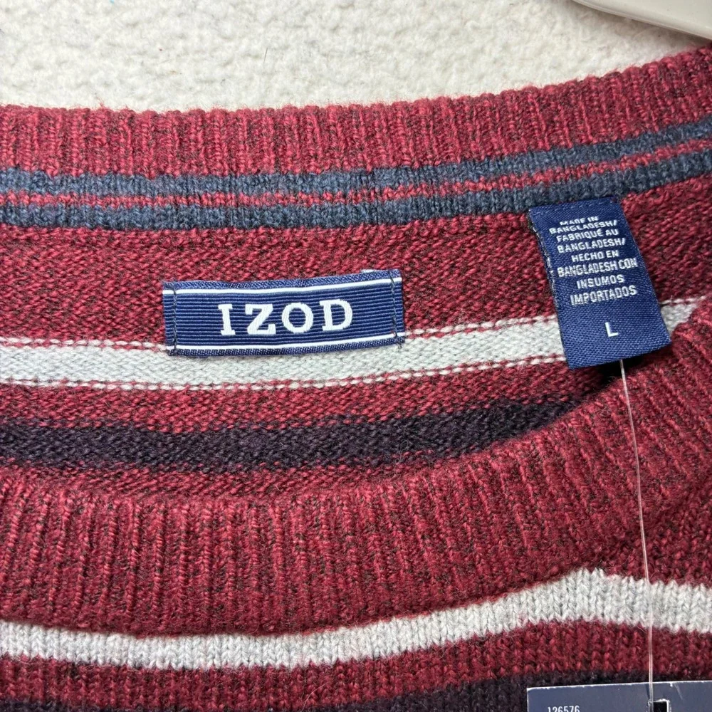 IZOD Crewneck Sweater Men L Velvet Maroon Striped Cotton Blend Preppy Soft NWT